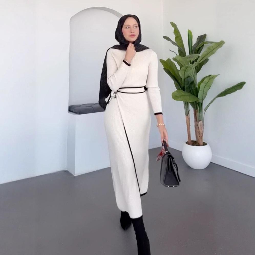 

Летнее женское вязаное платье с длинным рукавом и поясом 2025 - Европейский и американский стиль XXL белый