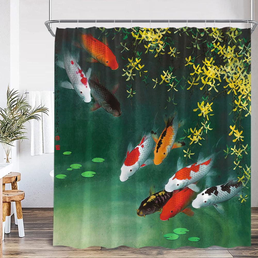 

Koi Fish Oriental Watercolor Shower Curtain Asian Japanese Style Lotus Carp In Pond Ink Painting Bathtub Curtain Decor With Hook W60H190(CM)-1 Pcs