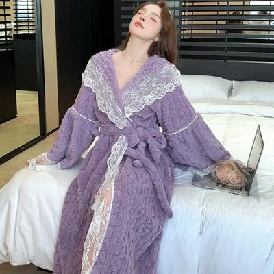 Winter Thickened Long Sleeve Hooded Cardigan Sleepwear Women's Velvet Robe Home Clothes Bathrobe Warm Cozy Nightgown