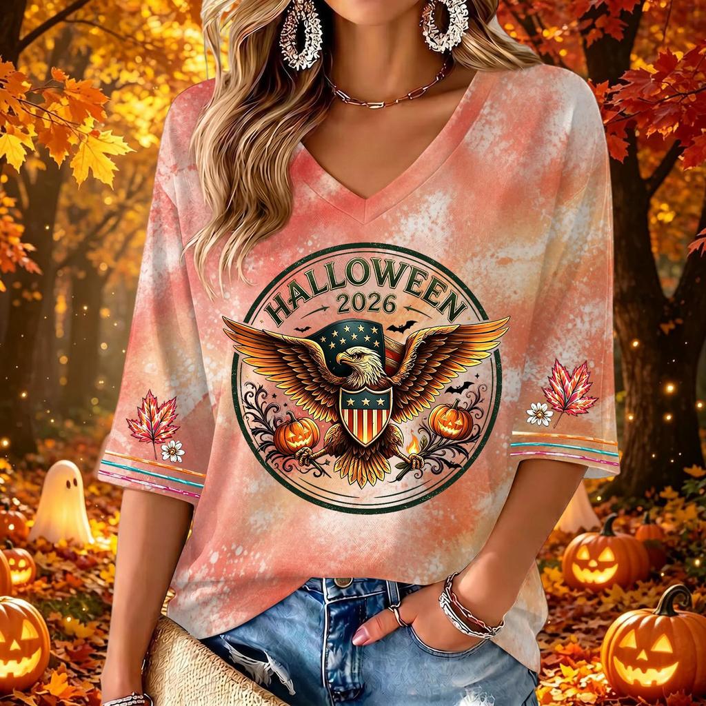 Women's Casual V-Neck Three-Quarter Sleeve Halloween Print Top