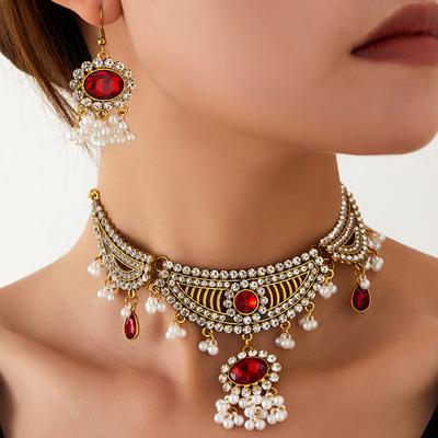 Vintage Rhinestone Water Drop Chunky Necklace Earrings For Women Vintage Metal Ball Beads Decoration Jewelry Set Festival Gift