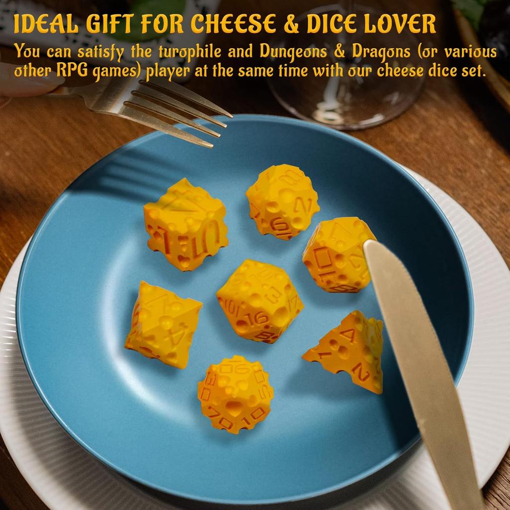 DND Sýrové kostky 3D tištěné 7 ks Polyhedrické kostky s potravinovou tématikou Skvělé pro Dungeons and Dragons, Pathfinder, Stolní RPG, MTG Hru