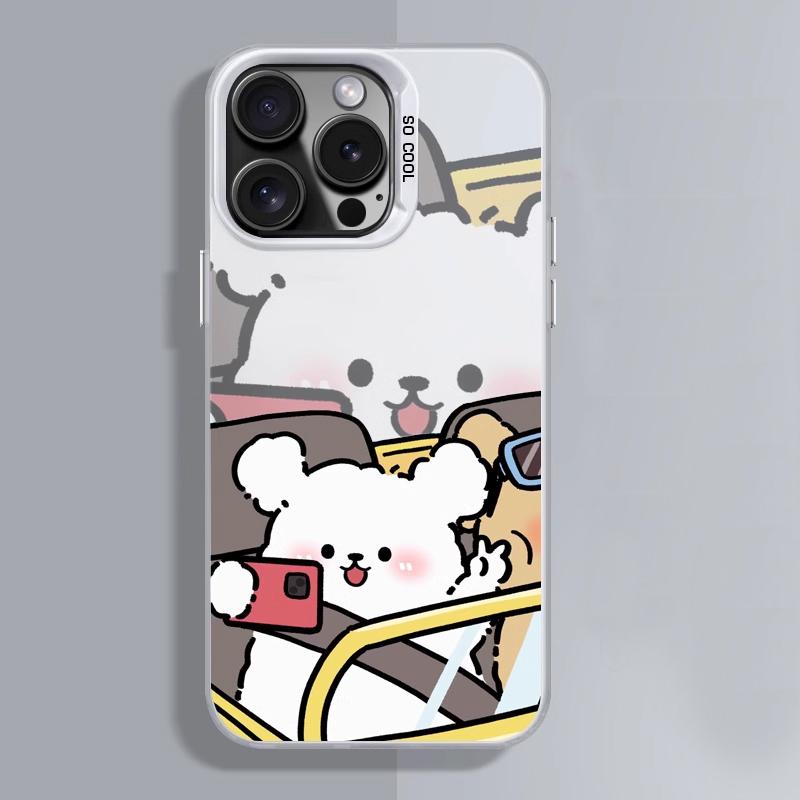 Electroplate Silver IMD Case for IPhone 11 12 13 14 15 16 Pro Max X XS XR SE2 7 8 Plus Cute Drive Dogs Couple Paired Phone Cover