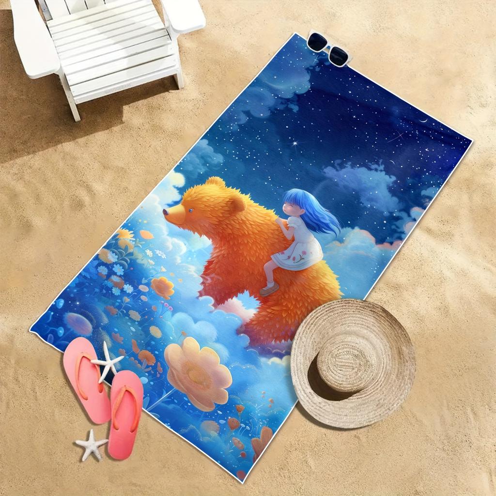 Dreamy Starry Bear Ride Beach Towel Patterned Sunscreen And Windproof Suitable For Swimming Pool Camping Travel Blanket