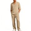 Herr Khaki Texturerad Kortärmad Pikétröja Byxor 2-delat Avslappnat Set