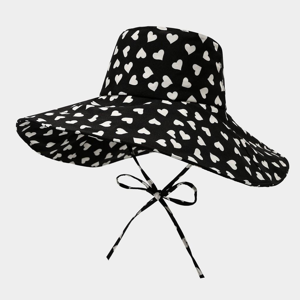 

Sun Hat With Heart Embroidery Large Brim Sun Protection For Beach And Vacation чёрный