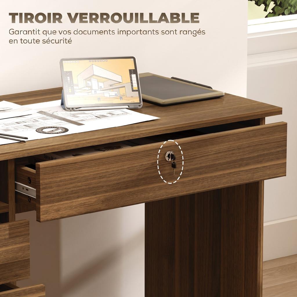 Computer Desk, 5 Drawers, 110 x 50 cm, Open Shelf, Lockable Drawer, Walnut