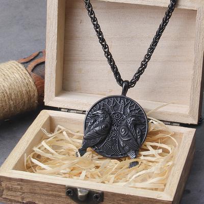 Schwarzer Nordischer Odin Huginn und Muninn Raben Anhänger Halskette Edelstahl Wikinger Amulett Schmuck Vintage Baum des Lebens