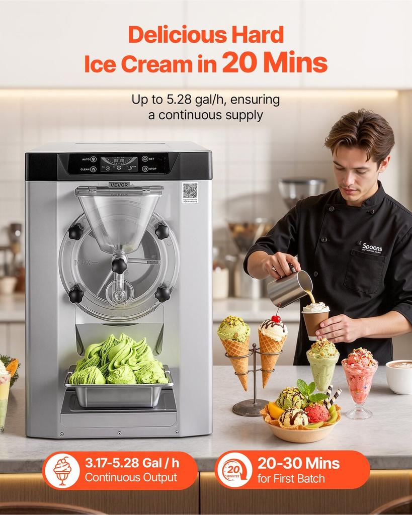 Commercial Hard Ice Cream Machine, 2000W 12-20L Per Hour, Countertop Gelato Hard Serve Ice Cream Maker with 6L 304 Stainless Steel Cylinder, Auto