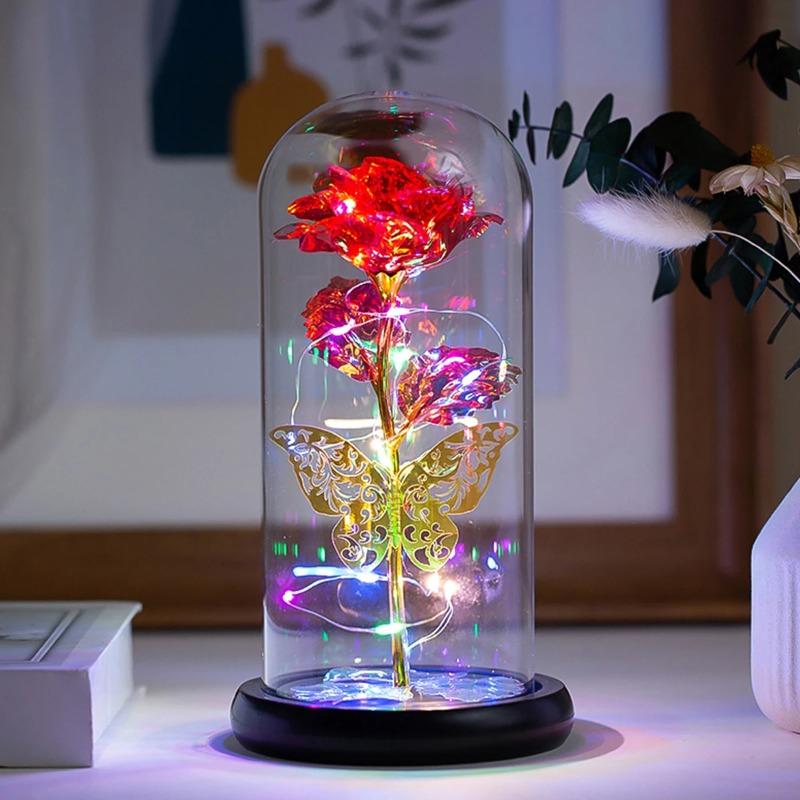Galaxy Rose Lamp with Butterfly & Colorful LED Lights Artificial Rose in Glass Dome Battery Powered Romantic Gift for Wedding Home Decor
