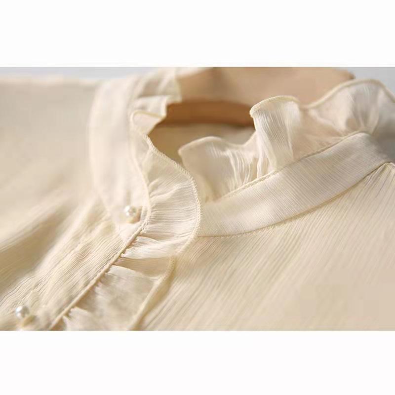 Chiffon Earrings Shirt for Women Long-sleeved Spring New Stand Collar Ruffled Mesh Top