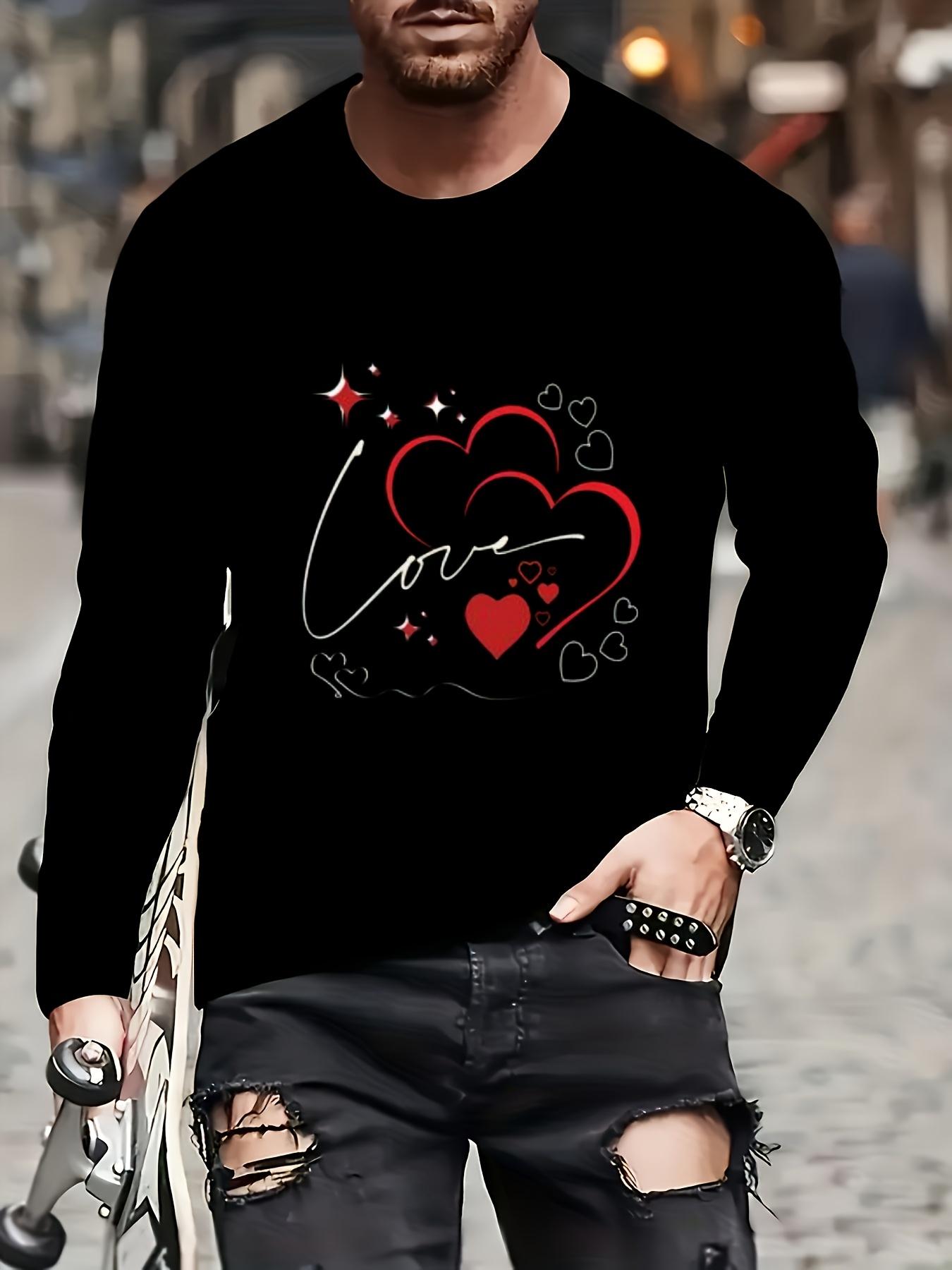 Men Heart Print Long Sleeve T-Shirt Valentine Daily Casual Skate Top S