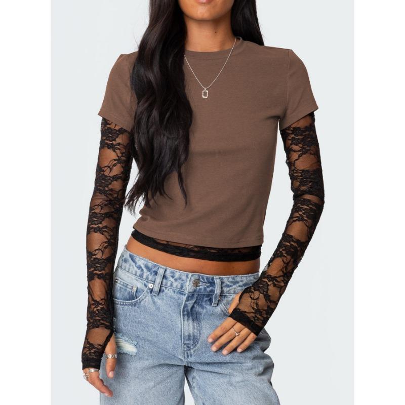 

Жіноча футболка з довгим рукавом, круглим вирізом, мереживною вставкою на рукаві та імітацією двошарового дизайну XL верблюд