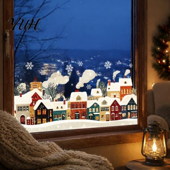 European Style Town Decals Christmas Static Window Clings, Snow Snowflake Decals, Festive Holiday Ornaments Winter Glass Stickers for Home Decor