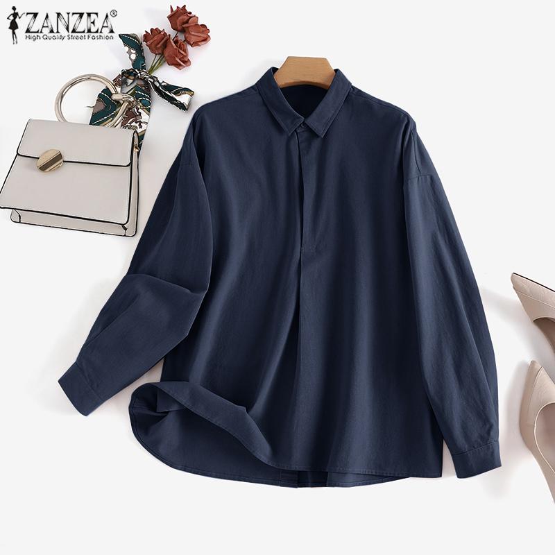 

ZANZEA Женская повседневная хлопковая блузка с отложным воротником и длинными рукавами