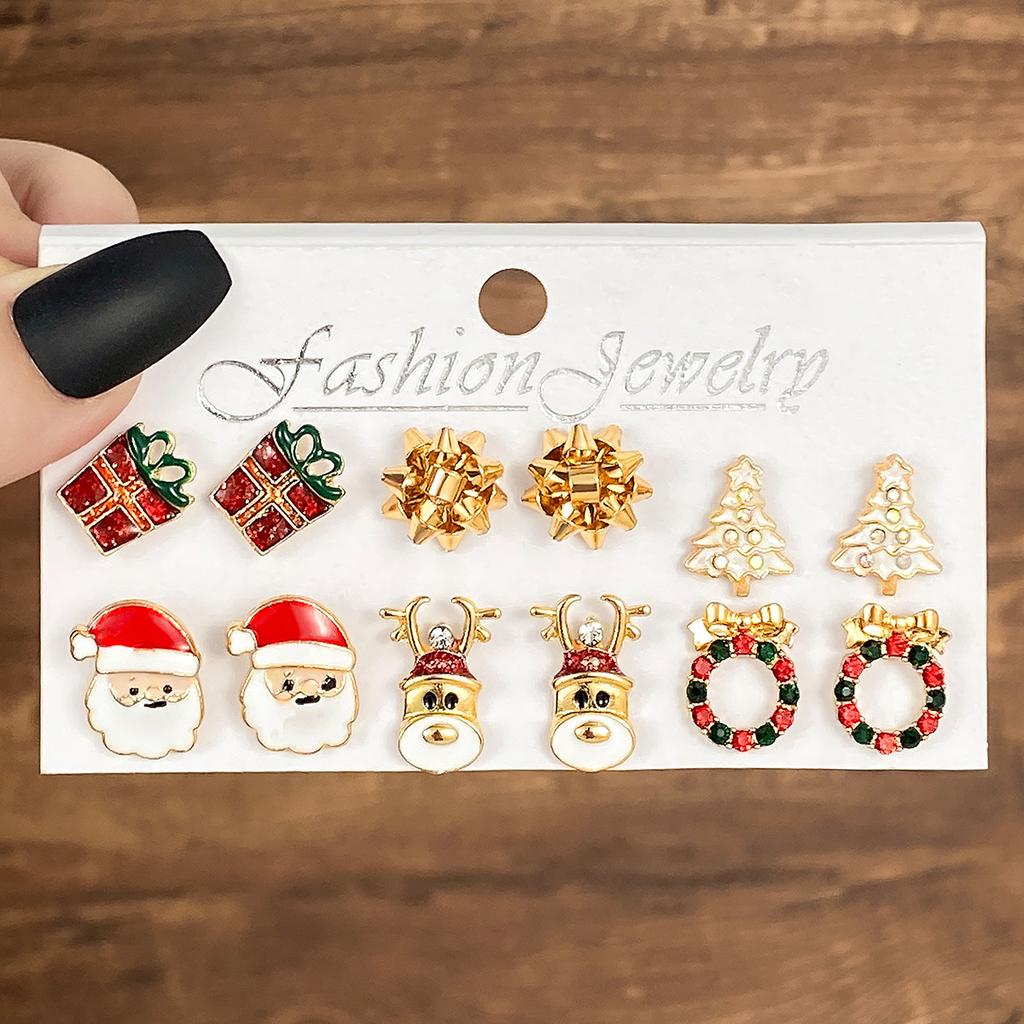 6 Pairs Christmas Earrings Set Selling Cartoon Dripping Oil Elk Santa Claus Christmas Tree Earrings for Women