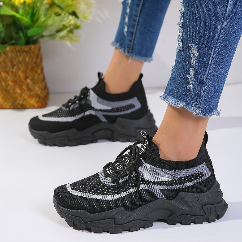 New Fly Woven Mesh Casual Breathable Sneakers Korean Style Thick-Soled Mesh Red Shoes Light Running Shoes
