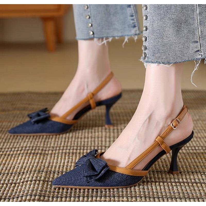 

Fashion New Bow Pointed Toe Heeled Sandals Women s Mid Heels Mules Shoes Elegant Fashion Party Slippers Sexy Pumps Cowboy Ladies Shoes 35 синий