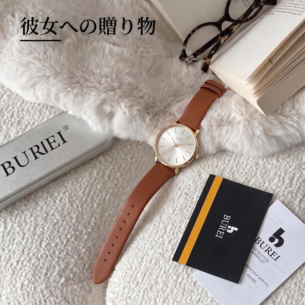 BUREI Japanese Quartz 38mm Large Brown Leather Strap Women's Watch, Movement, Waterproof, Dial,