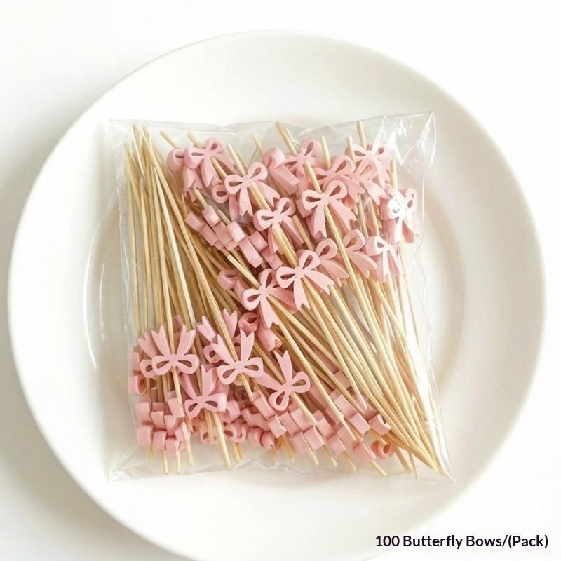 100Pcs Cute Lollipop Bow Burger Buffet Cake Cocktail Fruit Fork Disposable Bamboo Food Fruit Toothpicks For Wedding Party Decor