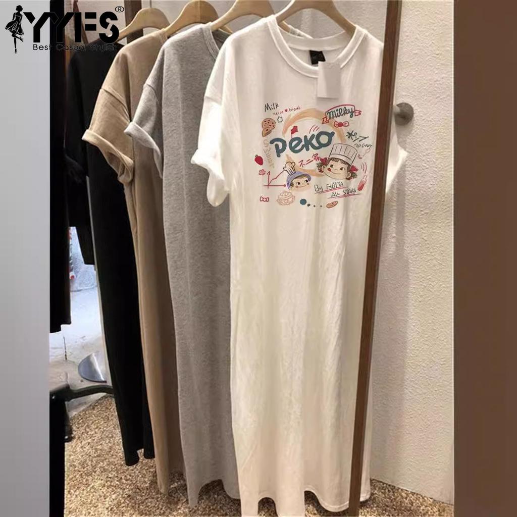 YYFS Moda Feminina Verão Primavera Mangas 1/2 Decote O Cintura Solta Vestidos Casuais