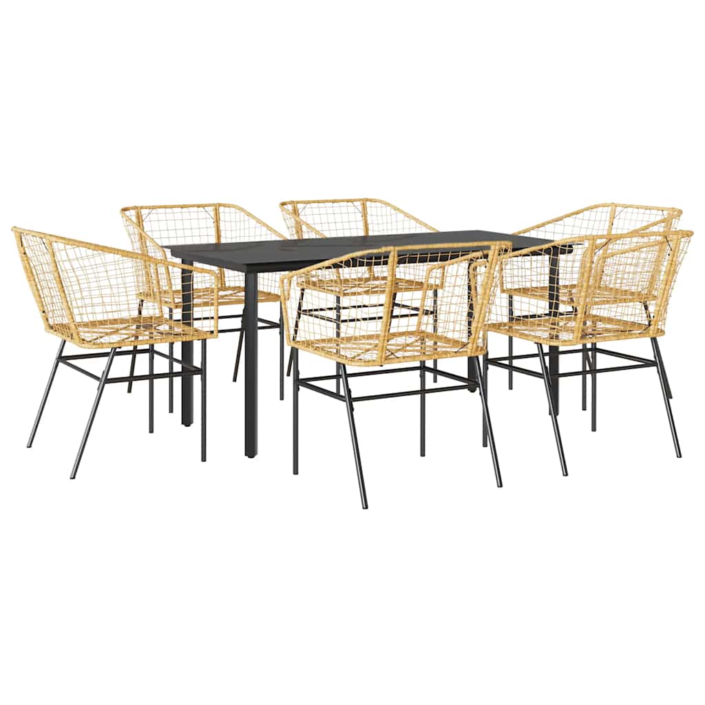 7 Piece Outdoor Dining Set Brown Poly Rattan Table with Glass Top