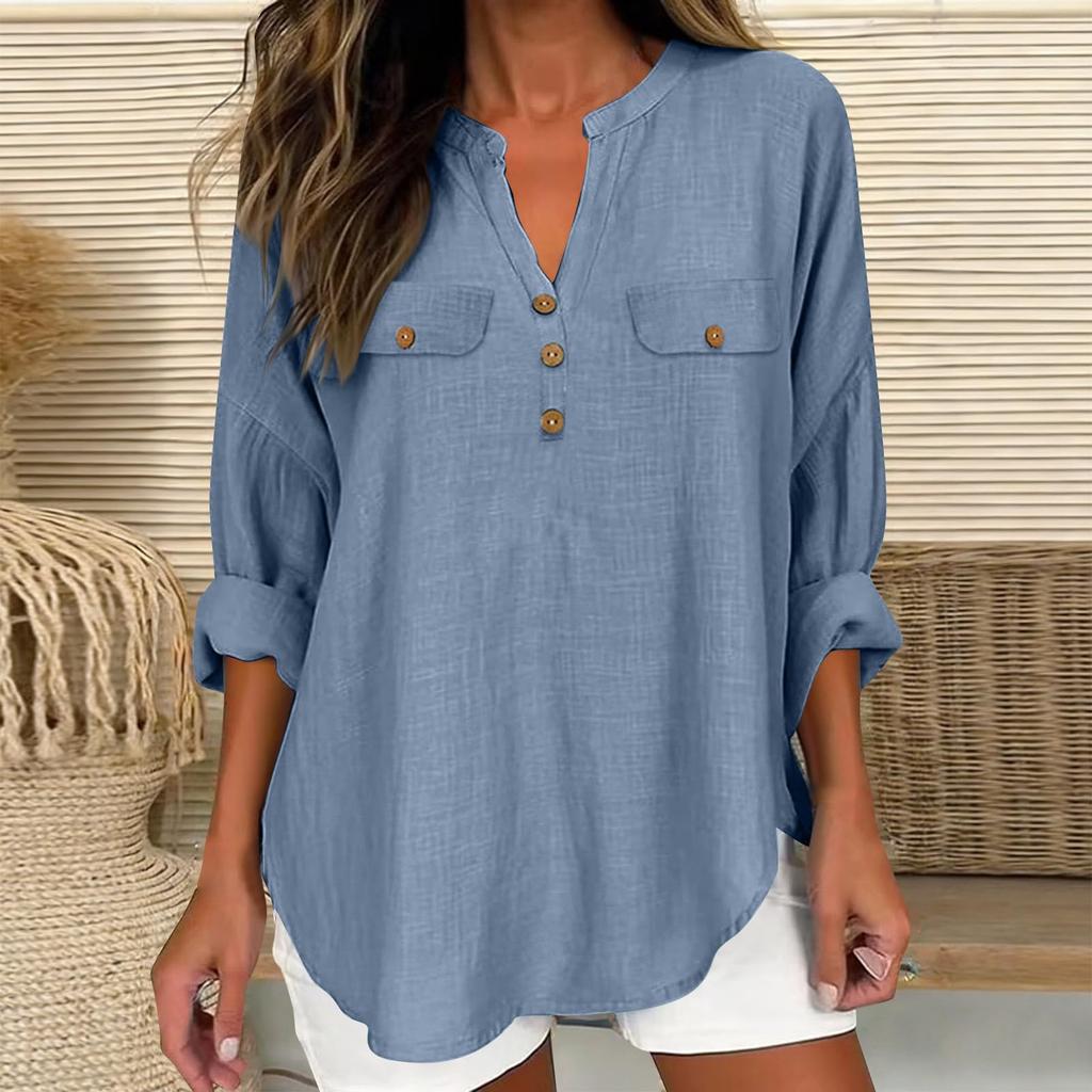 Women's Fashionable V-Neck Casual -Color Button-Down Cotton-Linen Loose-Fit Top