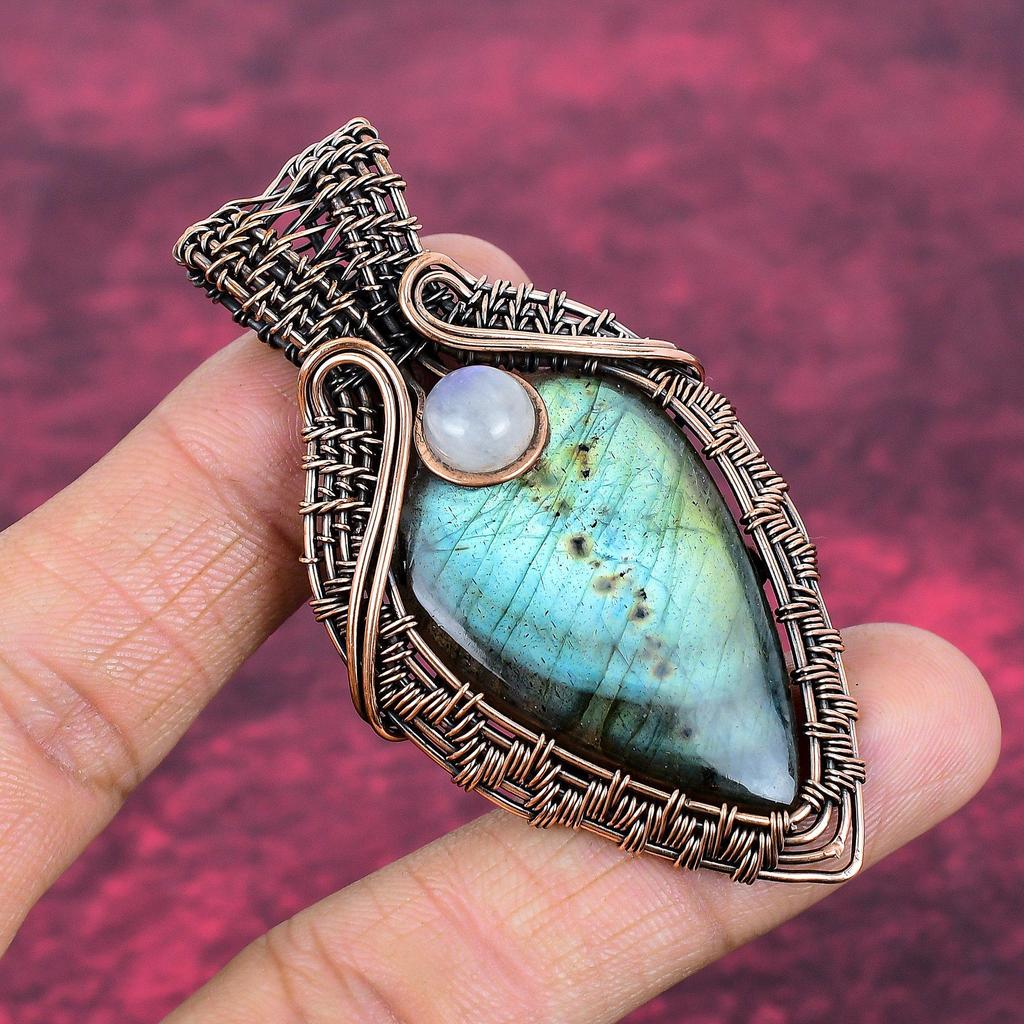 Labradorite Pendant Copper Wire Wrapped Rainbow Moonstone Pendant Gemstone Jewelry