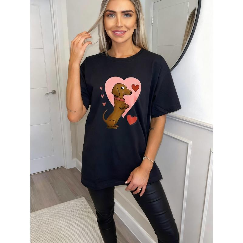 Oversized T Shirt Black Dachshund Dog With Heart Pattern For Casual Wear