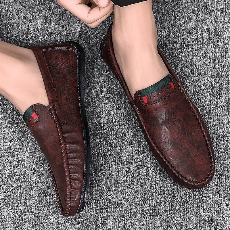 

Men s casual leather shoes round head summer comfortable breathable beanie shoes men s foot driving loafers 43 коричневый