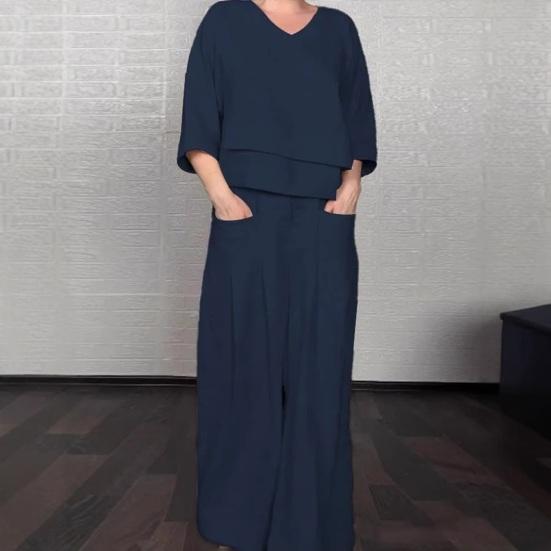 Women Summer Loose 2 Piece Outfits Casual 3/4 Sleeve V Neck Top And Wide Leg Pants Lounge Sets with Pockets