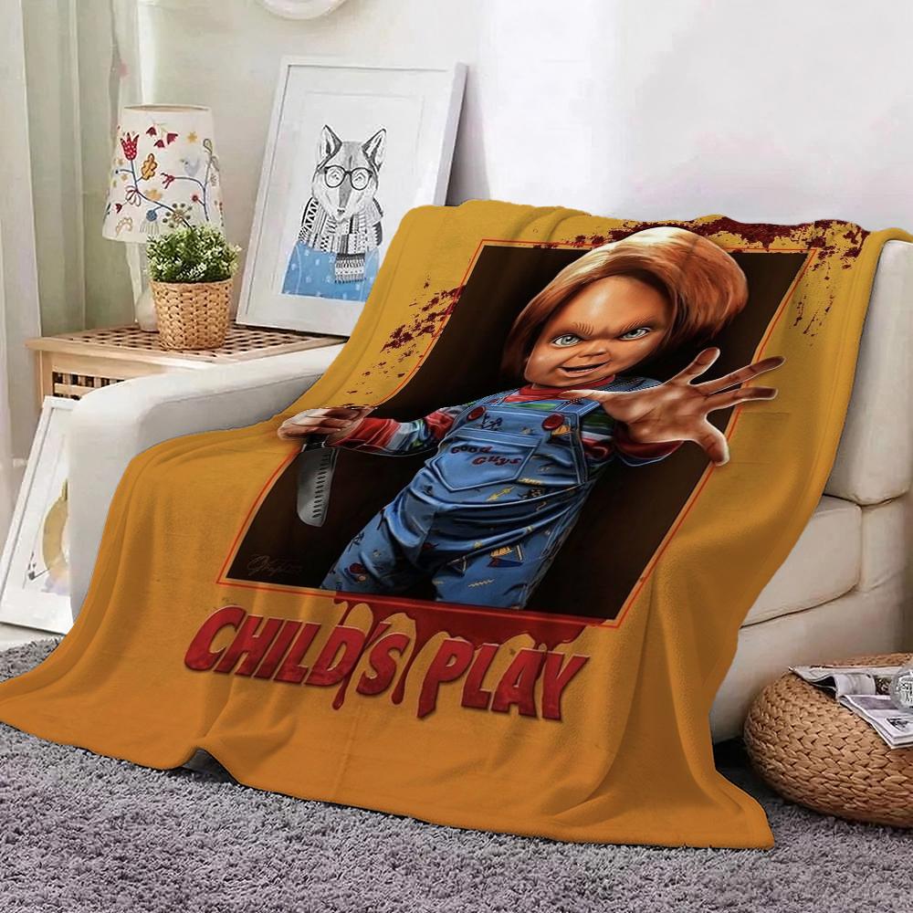 Good Guys Classic Horror Doll Pattern Theme Flannel Blanket Warm Comfortable Fleece Blanket For Office Sofa Party Decor Halloween Gift