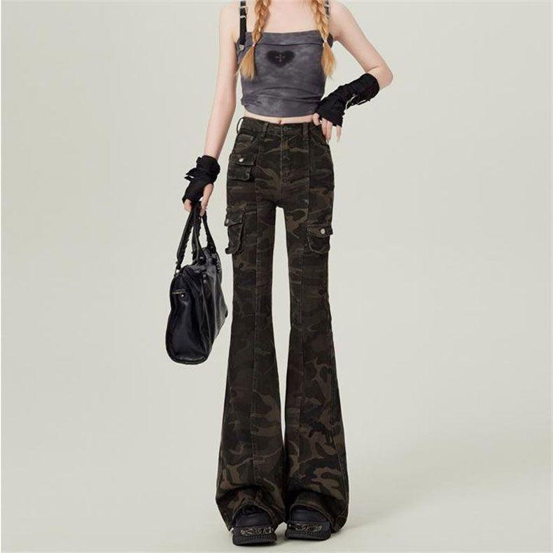 Vintage Camouflage Work Micro Flare Jeans Women Design High Waisted Trousers Slim Drapey Dragging Trousers Jeans for Women Long Denim Pants