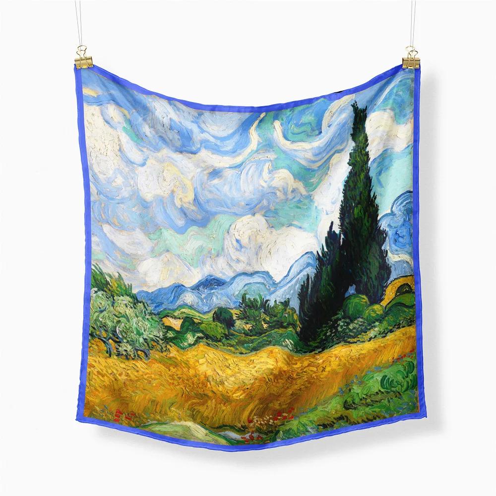 Oil Painting Twill Silk Scarf Women Bandana Foulard Female Headbands Neck Kerchief Fashion Print Square Scarves