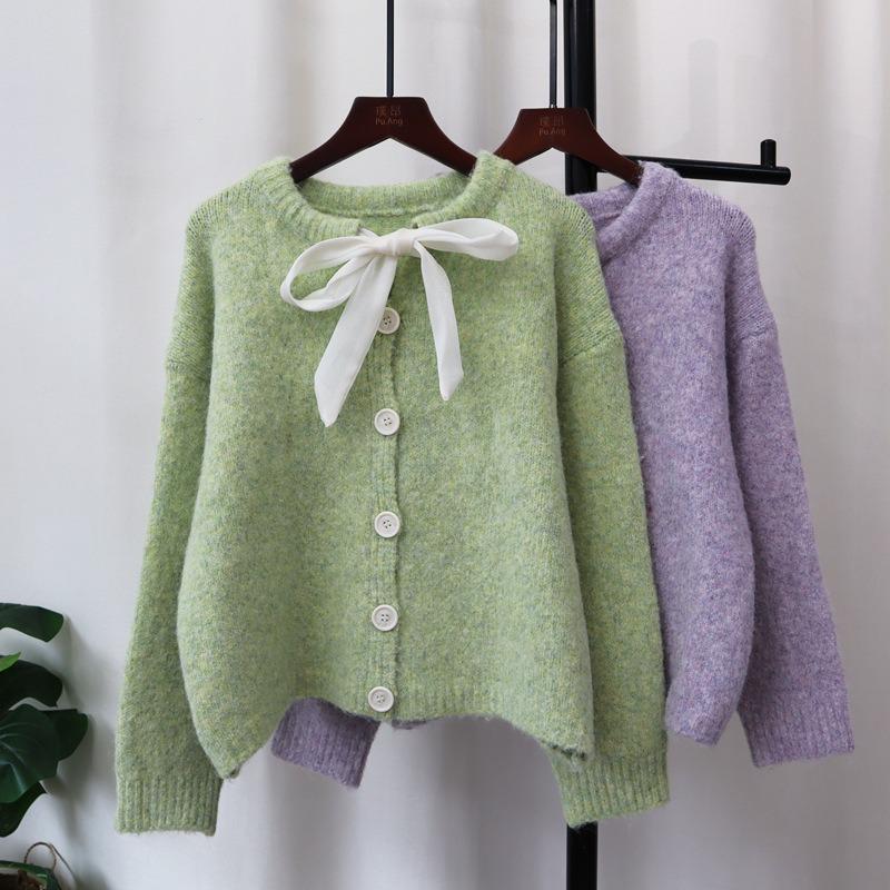 Autumn and winter new lace-up bow knitted cardigan loose soft waxy sweet gentle wind sweater jacket women's clothing