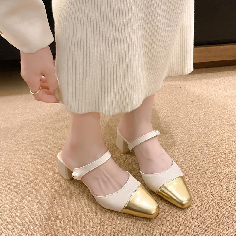 Fashion Aphixta 5cm Square Heels Pearl Dec Women Slides Pointed Toe Flip Flops Patchwork Summer Slides Fashion White Baby Silver Shoes
