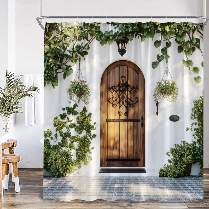 Rustic Landscape Shower Curtains Forest Lake Flowers Vintage Wooden Door Garden Scenery Fabric Home Bathroom Curtain Decor Set