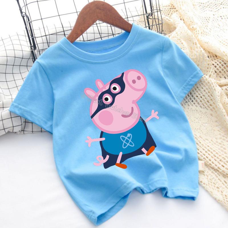 Peppa Pigs T-shirt for Children Cartoon Anime Tee Top Pink Blue Round Collar Clothes Boys Girls Short Sleeve Kids Clothing Gift