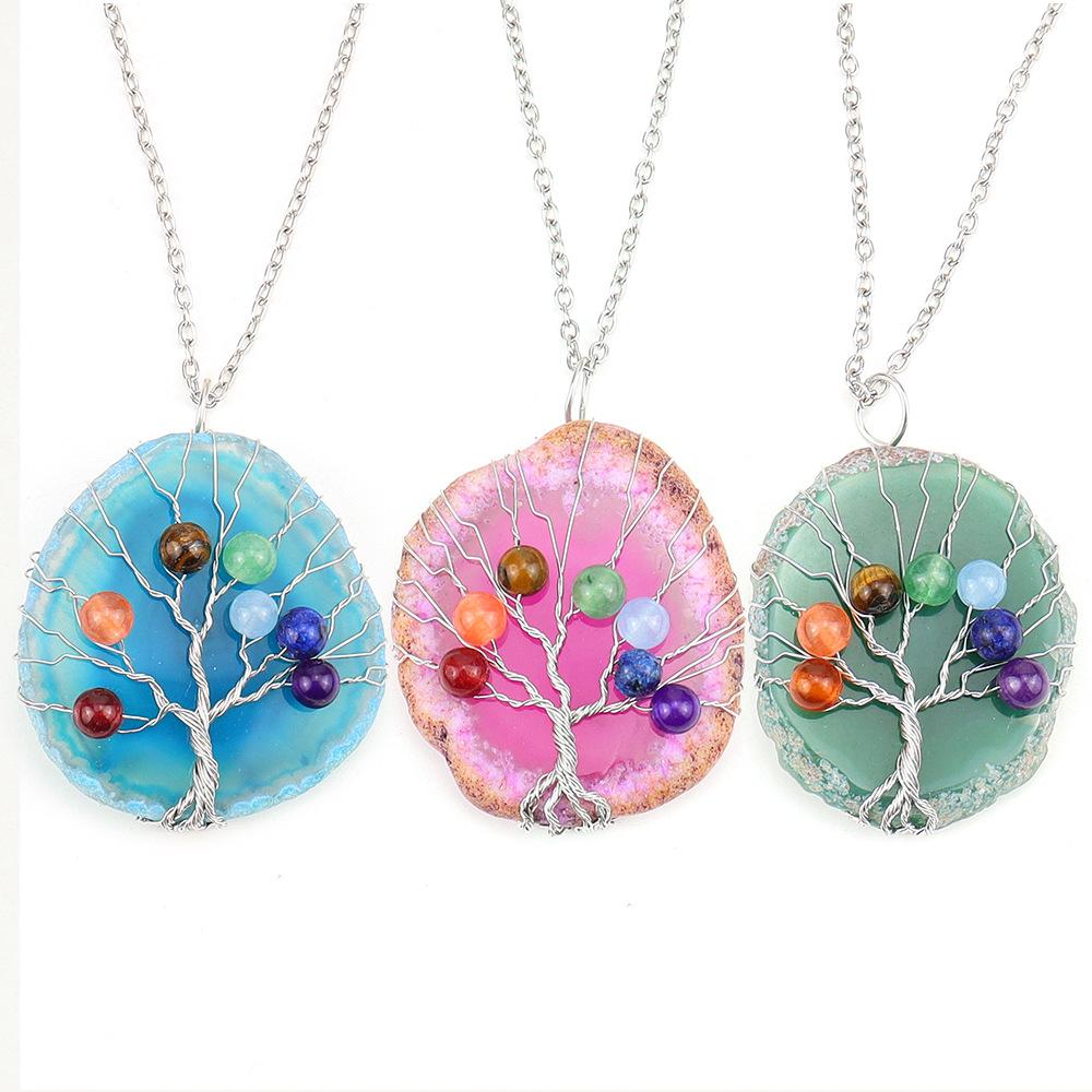 Handmade Silk Winding Tree Of Life Colorful Beads Natural Agate Sheet Pendant Necklace N634