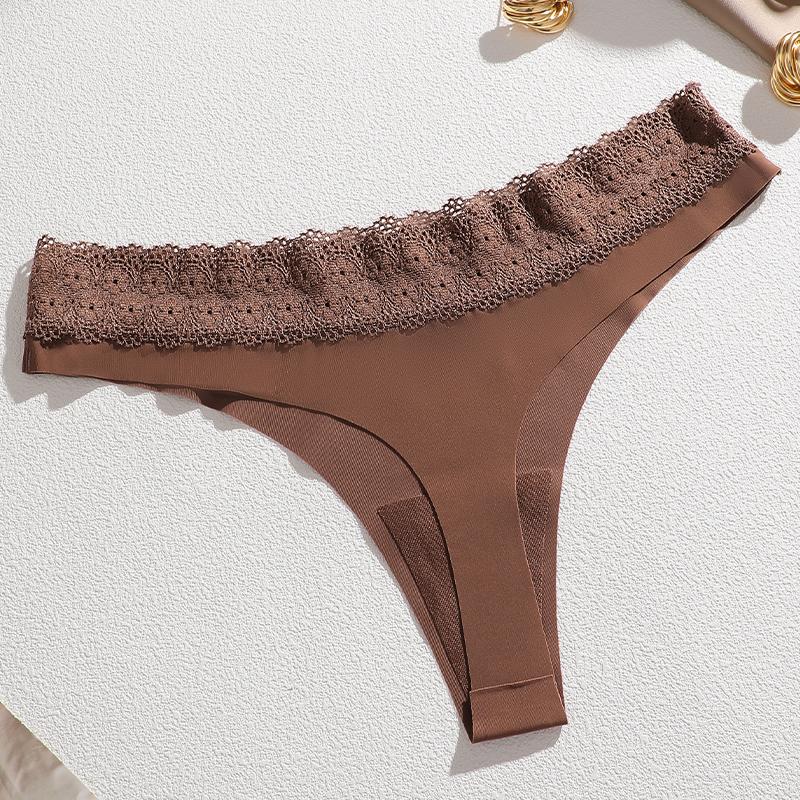 Women's Sexy Traceless T-Back Thongs Panties Seamless Solid Color Lace Trim Cozy Underwear Female Low Waist G-String Lingerie