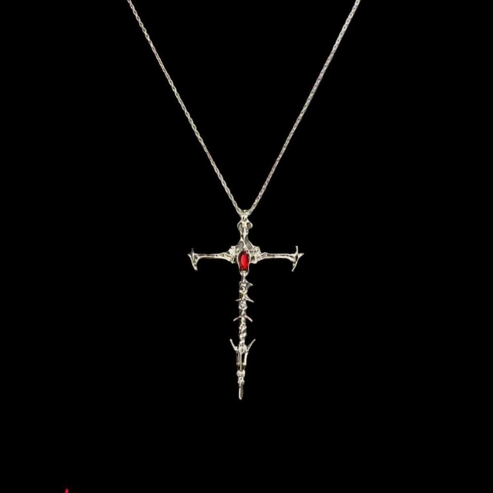 Punk Retro Inlay Red Rhinestone Sliver Color Stainless Steel Thorn Cross Sword Pendant Necklace for Women Fashion Jewelry Gift