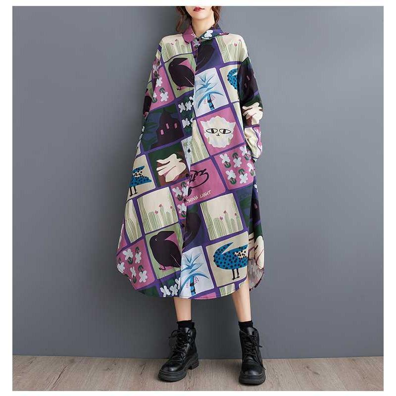 New Loose Large Size Oceanic Printing Mid-length Literary Retro Dresses