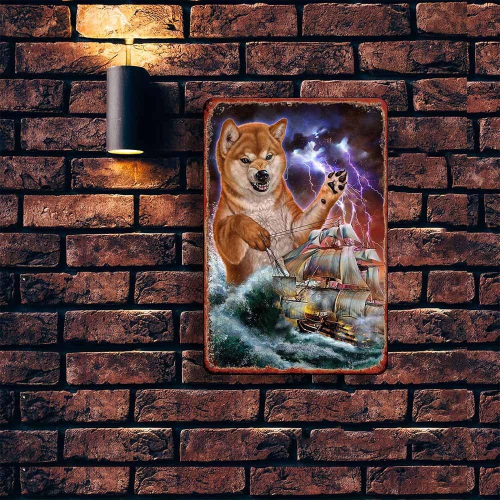Vintage Metal Wall Art Japanese Shiba Inu Dog & Storm Ship Scene
