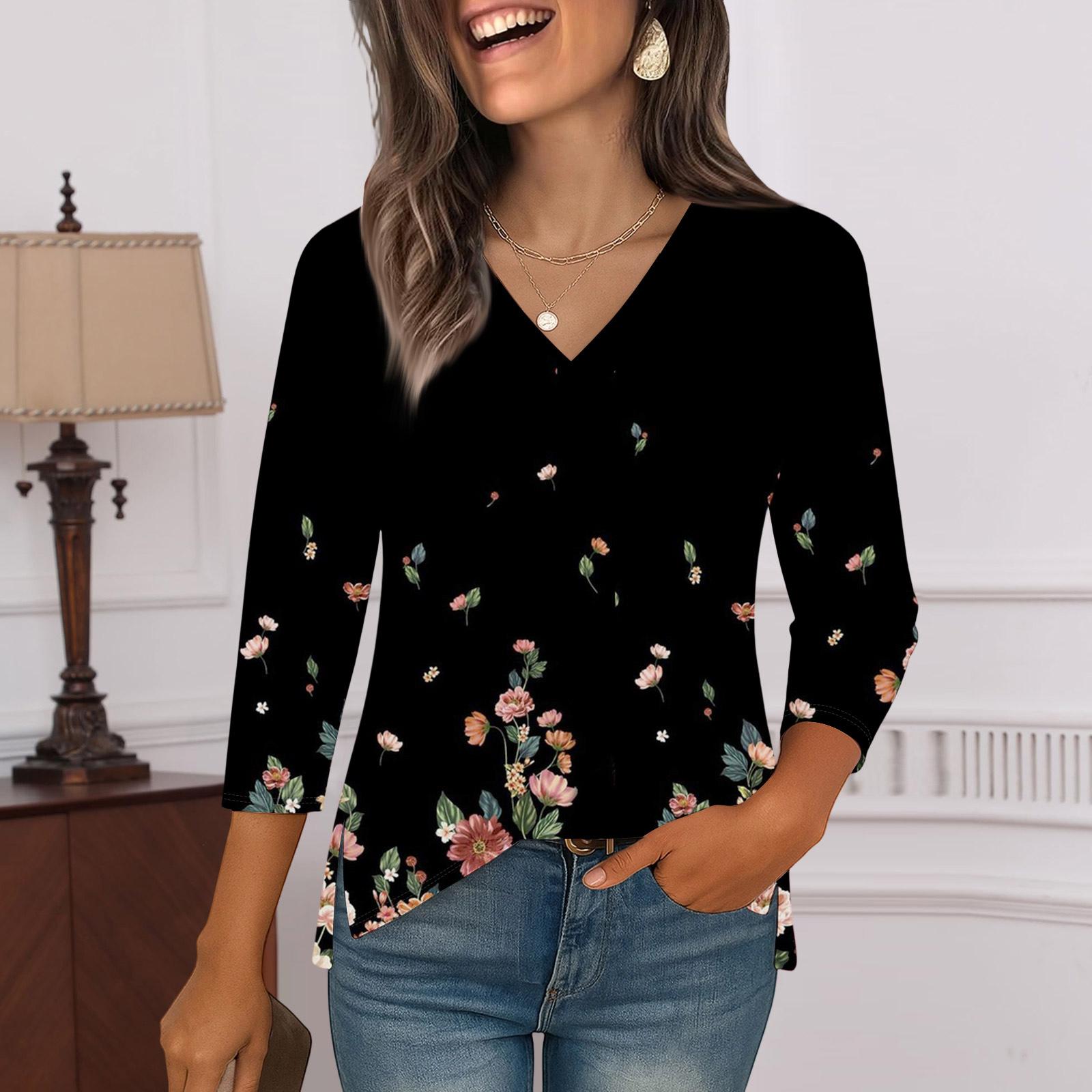 

Сорочки з рукавом 3/4 для жінок Принтовані графічні футболки Блузки Повсякденні великих розмірів Базові топи Пуловер XXL чорний