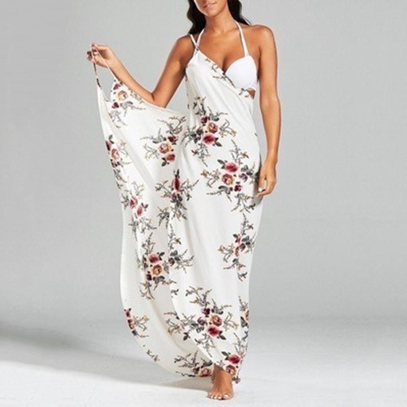 Women's Fashion Summer Floral Printed Plus Size Sleeveless Wrap Beach Bikini Cover Up Dress Slim Fit