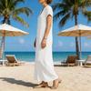 Summer Short Sleeve Cotton Dress for Women Button Down V Neck Long Dress Casual Loose Flowy A-line Beach Sundress with Pockets