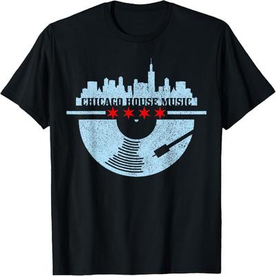 Chicago House Music DJ Raver Winyl Skyline Retro Vintage T-Shirt