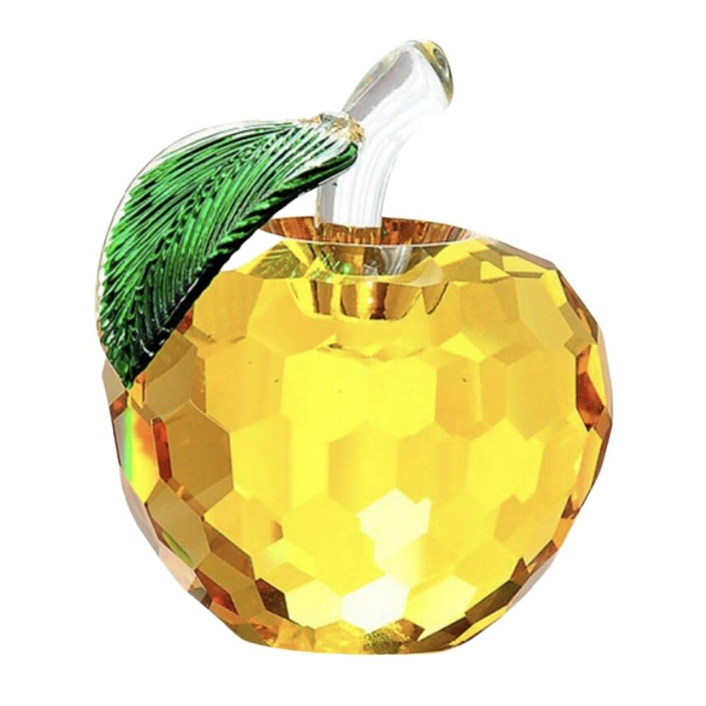 PLEAVIT Apple Crystal Figurine, Interior Decoration Object, Feng Shui Entryway Suncatcher for Good Fortune and Wealth, Yellow Glass, 5cm