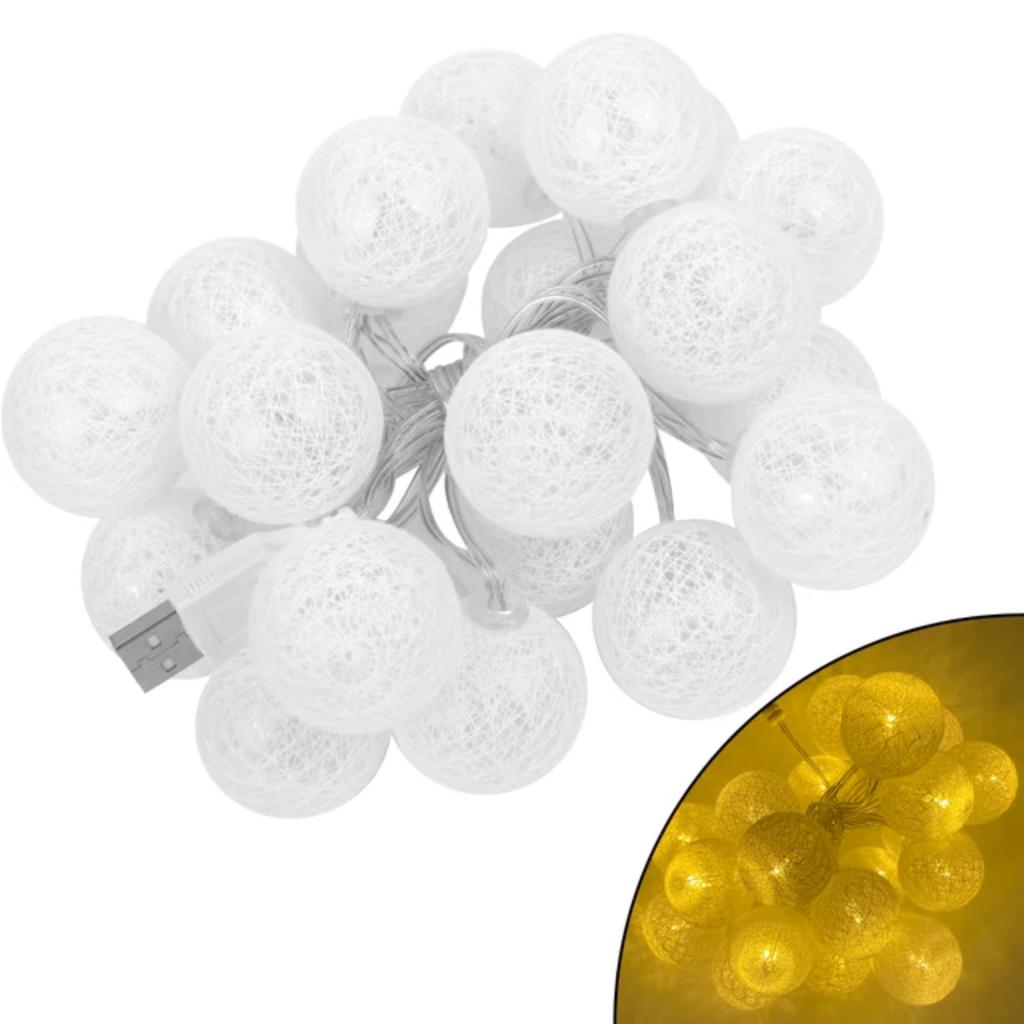 New 20 LEDs USB Powered Cotton Ball Fairy String Lights Holiday Wedding Party Patio Bedroom Christmas Decorations Lighting Navid