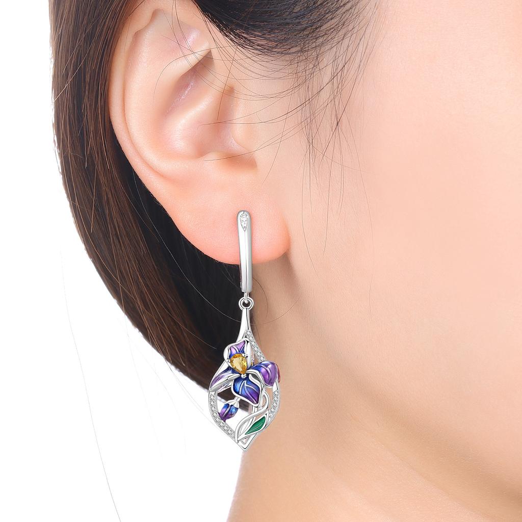 Orstarry 925 Silver Blue Purple Iris Flower Drop Earrings Women Earrings Charm Trend Versatile Party Jewelry Gifts